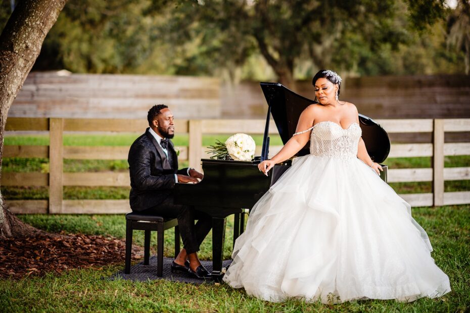 Kim and Rich editorial portrait at piano at Cow Creek Farm Plant City FL wedding by Ying Multimedia