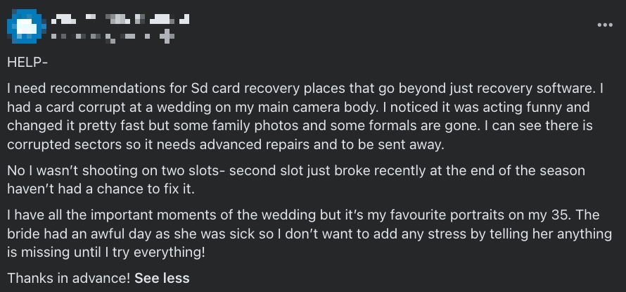 Screenshot of a photographer's Facebook group post asking for SD card recovery service recommendations after a card corrupted at a wedding, with the group name and poster blurred