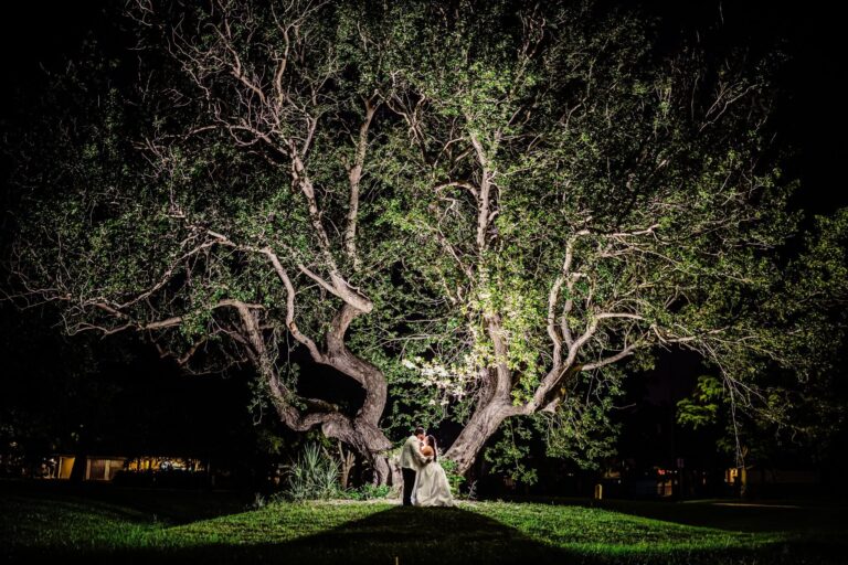 Bride and groom sharing a kiss beneath a dramatically lit ancient oak tree at night after their Filipino-Mexican wedding in Venice, Florida, photographed by Ying MultimediaBride and groom sharing a kiss beneath a dramatically lit ancient oak tree at night after their Filipino-Mexican wedding in Venice, Florida, photographed by Ying Multimedia