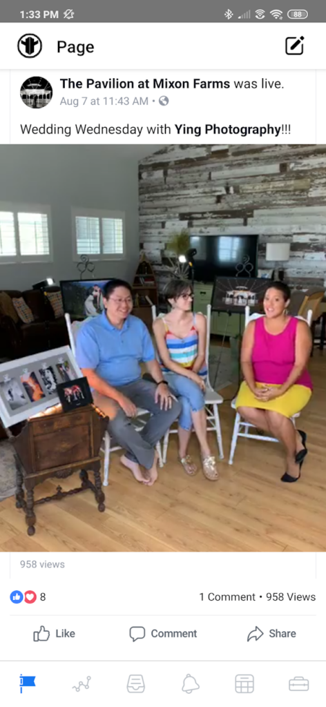 Screenshot of The Pavilion at Mixon Farms Facebook Live titled Wedding Wednesday with Ying Photography