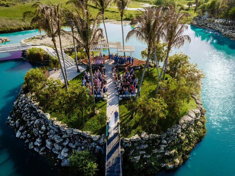 Aerial view of island ceremony at The Hollow wedding venue Venice FL