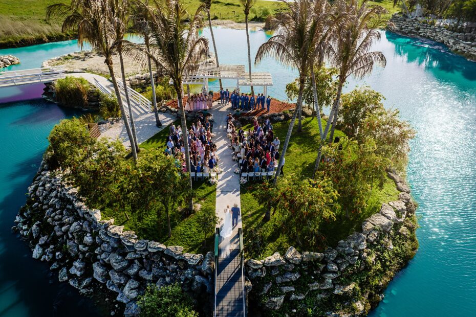 Aerial view of island ceremony at The Hollow wedding venue Venice FL
