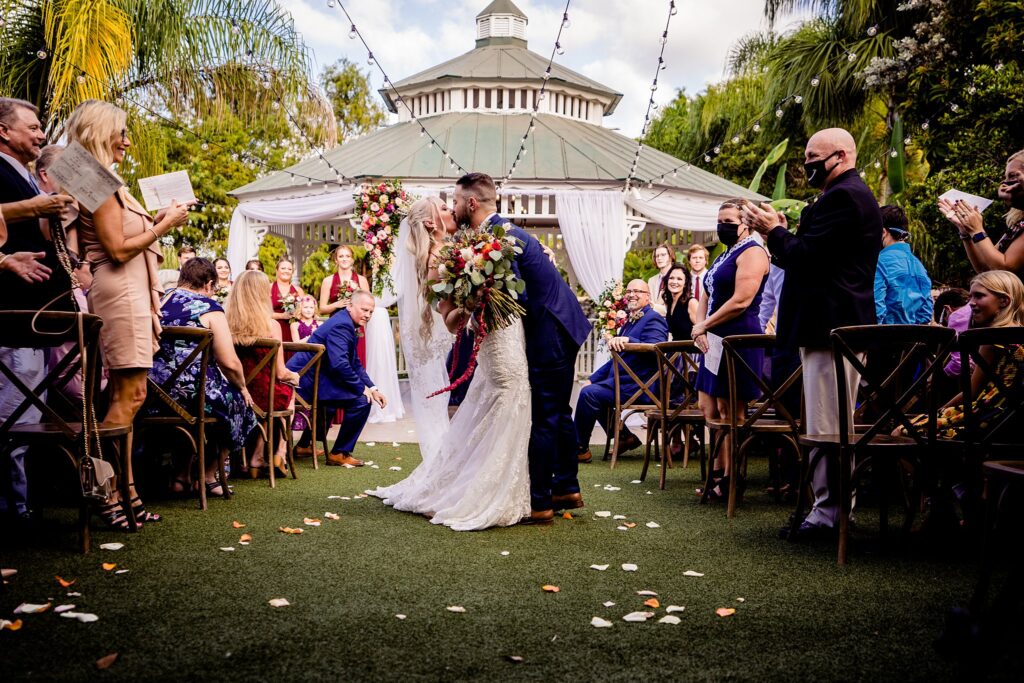 Bride and groom kissing during the recessional at the gazebo ceremony at The Pavilion at Mixon Farms